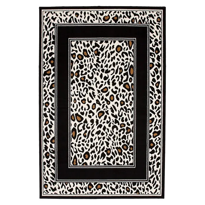 Kayoom Kurzflorteppich Sona 7280 - Leo, 170 x 120 cm, 100 % Polypropylen - Leopard-Teppich mit schwarzem Rand, weißen, schwarzen und braunen Flecken.