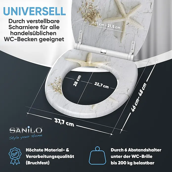 SANILO WC-Sitz Seestern mit Schnellverschluss - MDF, Grau, Mit Absenkautomatik