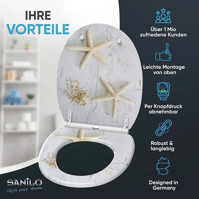 SANILO WC-Sitz Seestern mit Schnellverschluss - MDF, Grau, Mit Absenkautomatik