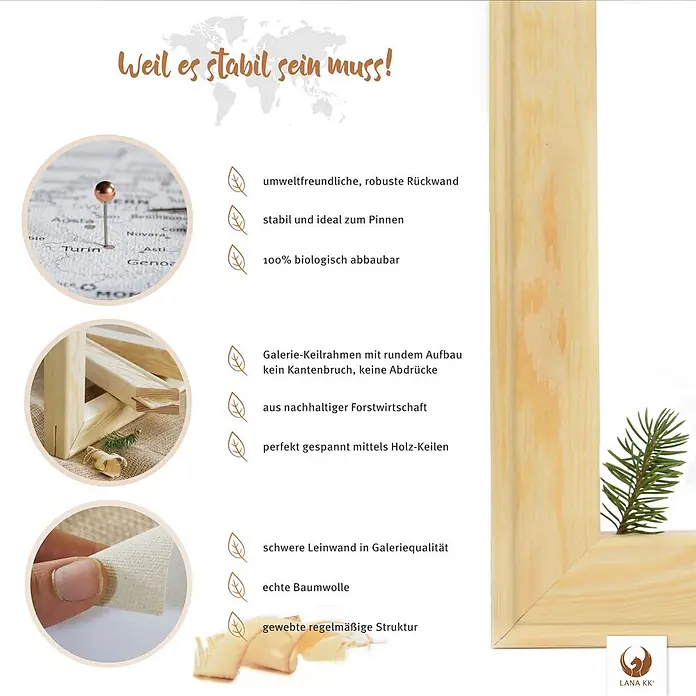 LanaKK Leinwandbild Premium Pinnwand Weltkarte - graphit - Deutsch - in 020 x 70 cm - Weltkarte, B x H: 100 x 70 cm - Hochwertiger Holz-Keilrahmen mit reiner Baumwoll-Leinwand, robust und nachhaltig.