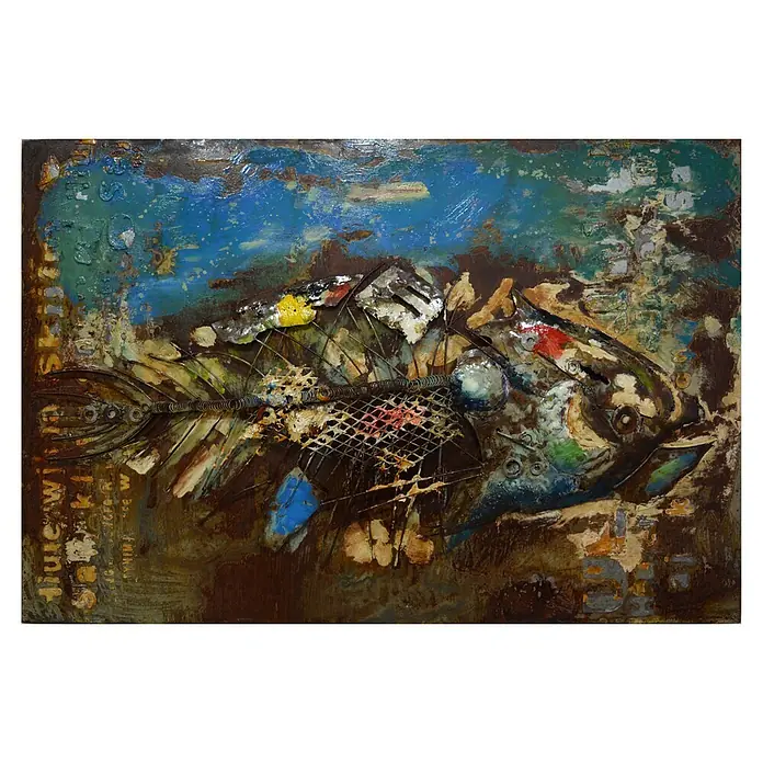 Bild Metall - Fisch, B x H: 120 x 80 cm - Assemblage-Kunst: Fischskelett aus verwittertem Metall, Draht und strukturierter Farbe in Blau-, Braun- und Rosttönen.