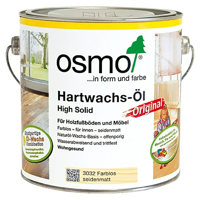 Osmo High Solid Hartwachsöl Original 3032 - Farblos, 2,5 l, Seidenmatt - Dose Osmo Hartwachs-Öl High Solid für Holzfußböden und Möbel, farblos seidenmatt.