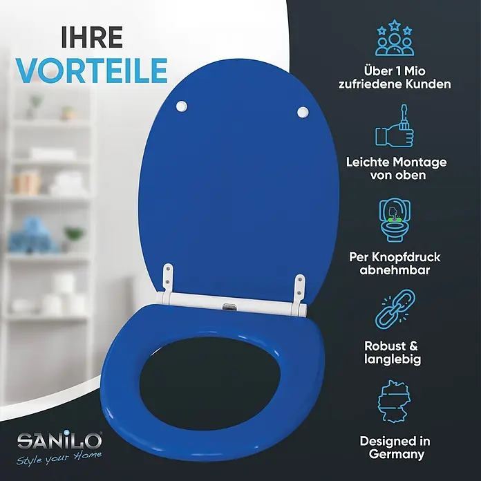SANILO WC-Sitz Blau mit Schnellverschluss - MDF, Blau, Mit Absenkautomatik