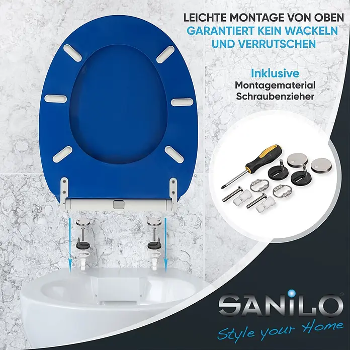SANILO WC-Sitz Blau mit Schnellverschluss - MDF, Blau, Mit Absenkautomatik