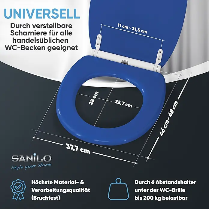 SANILO WC-Sitz Blau mit Schnellverschluss - MDF, Blau, Mit Absenkautomatik