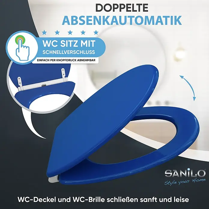 SANILO WC-Sitz Blau mit Schnellverschluss - MDF, Blau, Mit Absenkautomatik