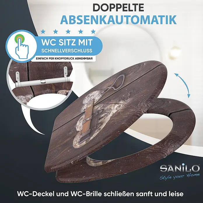 SANILO WC-Sitz Türschloss mit Schnellverschluss - MDF, Braun, Mit Absenkautomatik