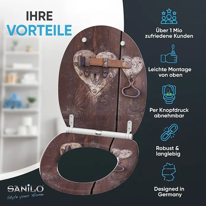 SANILO WC-Sitz Türschloss mit Schnellverschluss - MDF, Braun, Mit Absenkautomatik
