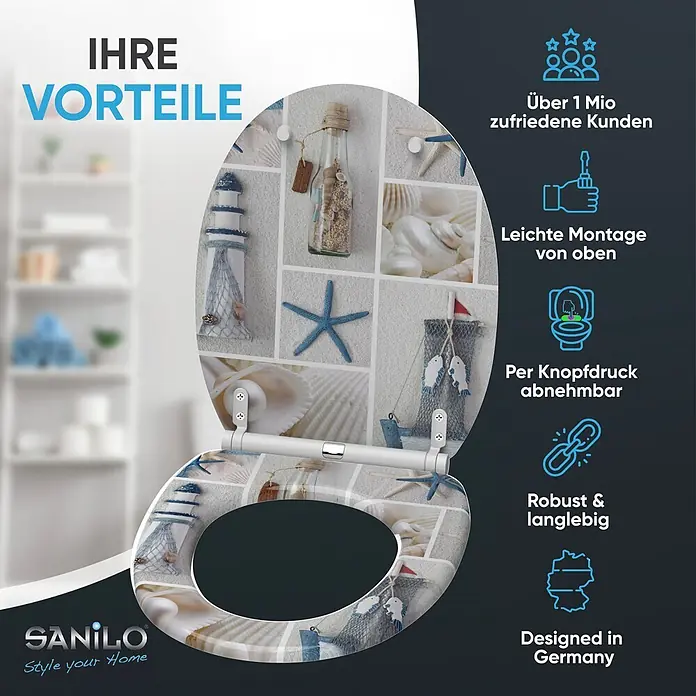 SANILO WC-Sitz Meeresbrise mit Schnellverschluss - MDF, Blau, Mit Absenkautomatik