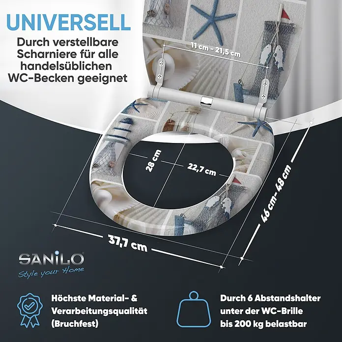 SANILO WC-Sitz Meeresbrise mit Schnellverschluss - MDF, Blau, Mit Absenkautomatik