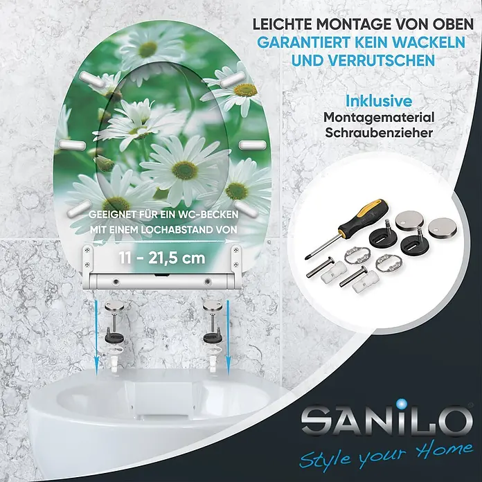 SANILO WC-Sitz Margeriten mit Schnellverschluss - MDF, Grün, Mit Absenkautomatik