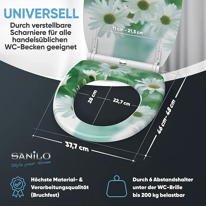 SANILO WC-Sitz Margeriten mit Schnellverschluss - MDF, Grün, Mit Absenkautomatik