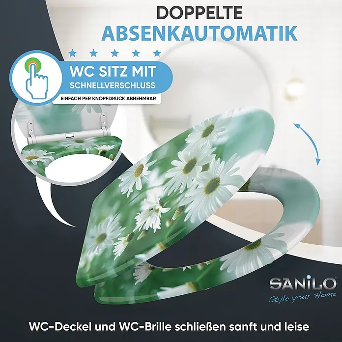 SANILO WC-Sitz Margeriten mit Schnellverschluss - MDF, Grün, Mit Absenkautomatik