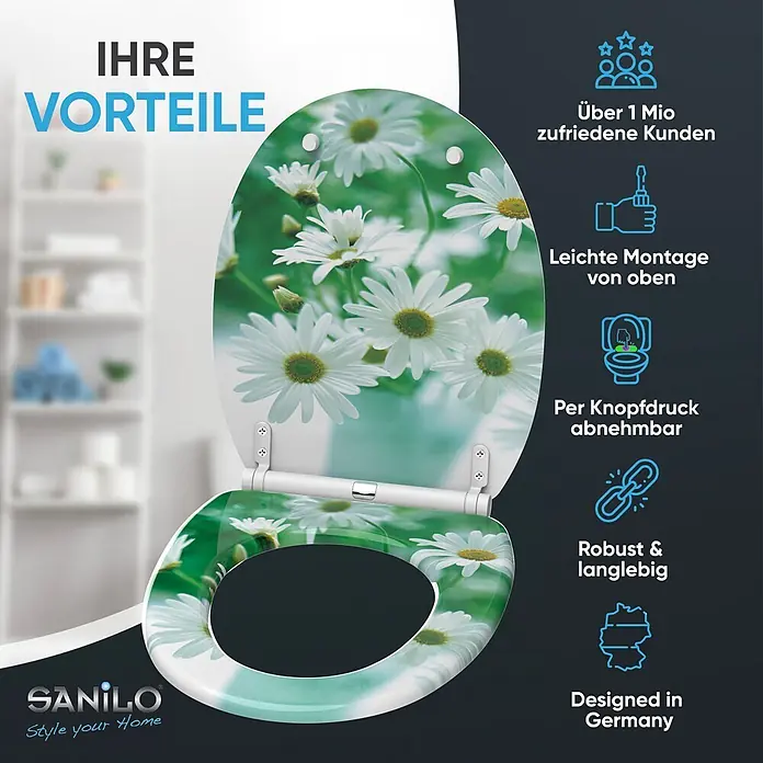 SANILO WC-Sitz Margeriten mit Schnellverschluss - MDF, Grün, Mit Absenkautomatik