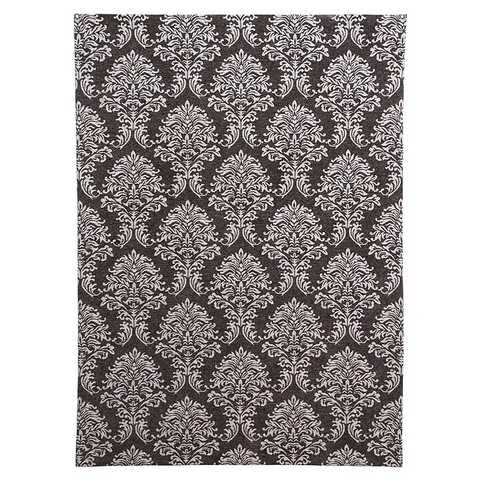 Kayoom Kurzflorteppich Ballerina 900 - Grau, 290 x 200 cm, 100 % Polyester - Dunkelbrauner Stoff mit cremefarbenem Damastmuster, geeignet für Polster oder Vorhänge.