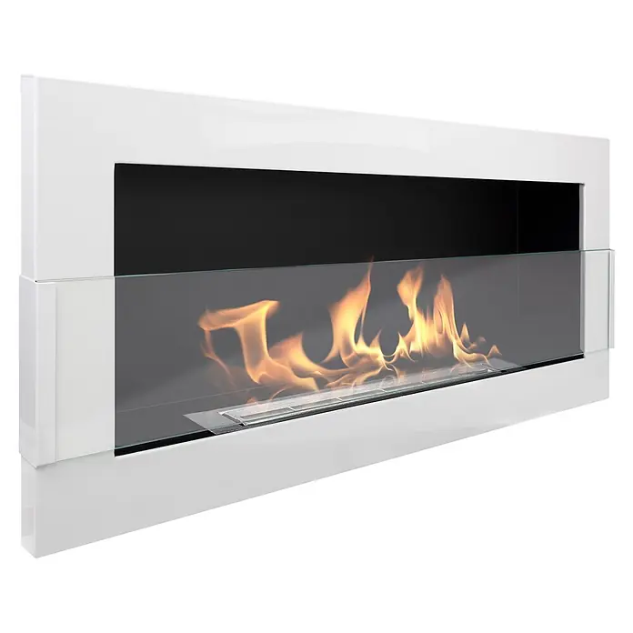 Bysil Kaminofen Bioethanol Wandkamin 90×40 cm, TÜV-Brenner 0,75 l, Weiß Hochglanz - Material Verkleidung: Stahl