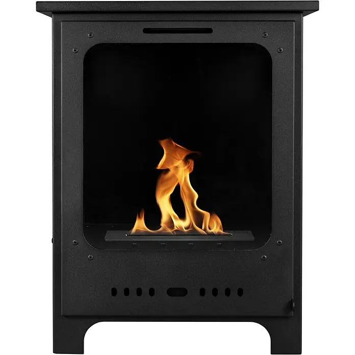 Bysil Kaminofen - Material Verkleidung: Stahl, Schwarz - Schwarzer matter Bio-Kamin mit realistischen orangefarbenen Flammen.
