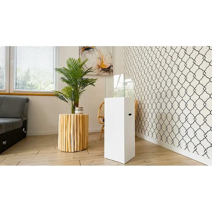 Bysil Kaminofen Bioethanol Standkamin Patio, 3 l Edelstahlbrenner, Weiß matt mit Glas - Material Verkleidung: Stahl