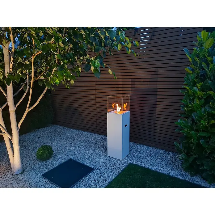 Bysil Kaminofen Bioethanol Standkamin Patio, 3 l Edelstahlbrenner, Weiß matt mit Glas - Material Verkleidung: Stahl