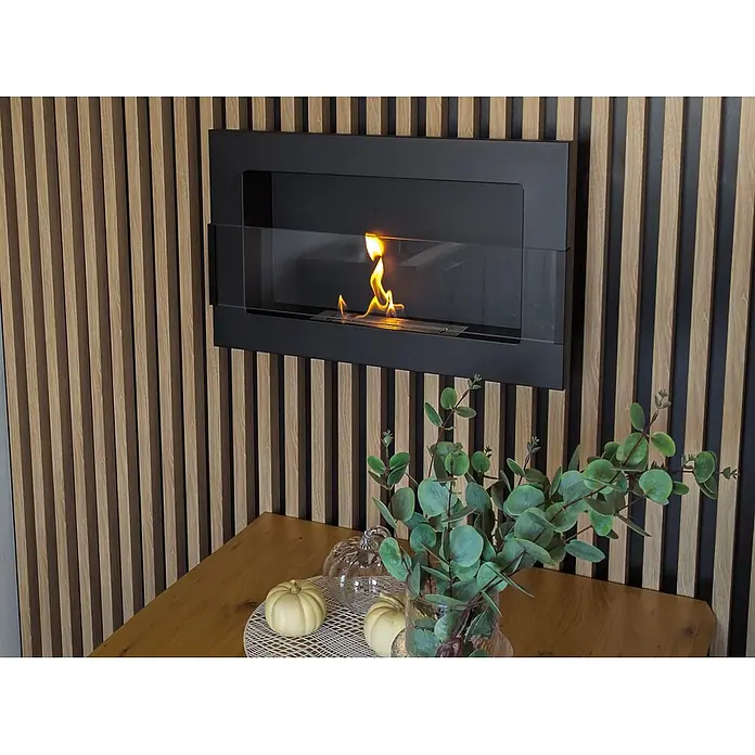 Bysil Kaminofen Bioethanol Wandkamin 65×40 cm, TÜV-Brenner 0,35 l, Schwarz matt - Material Verkleidung: Stahl