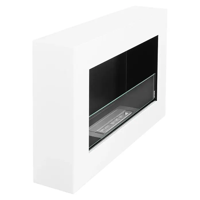 Bysil Kaminofen - Material Verkleidung: Stahl - Weißer rechteckiger Bio-Ethanol-Kamin mit schwarzem Interieur und Glasfront, schräge Ansicht.