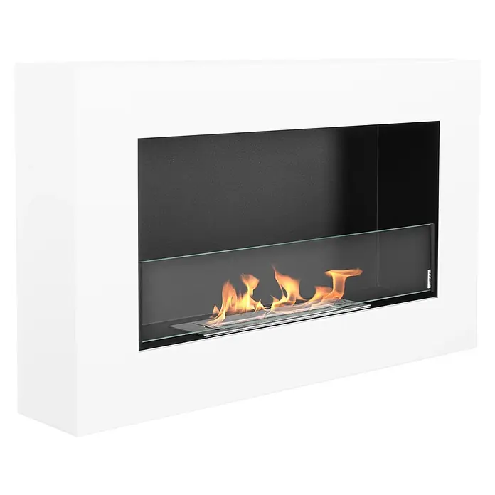 Bysil Kaminofen - Material Verkleidung: Stahl - Weißer Wand-Bioethanol-Kamin mit schwarzem Interieur, Glasscheibe und aktiven Flammen.