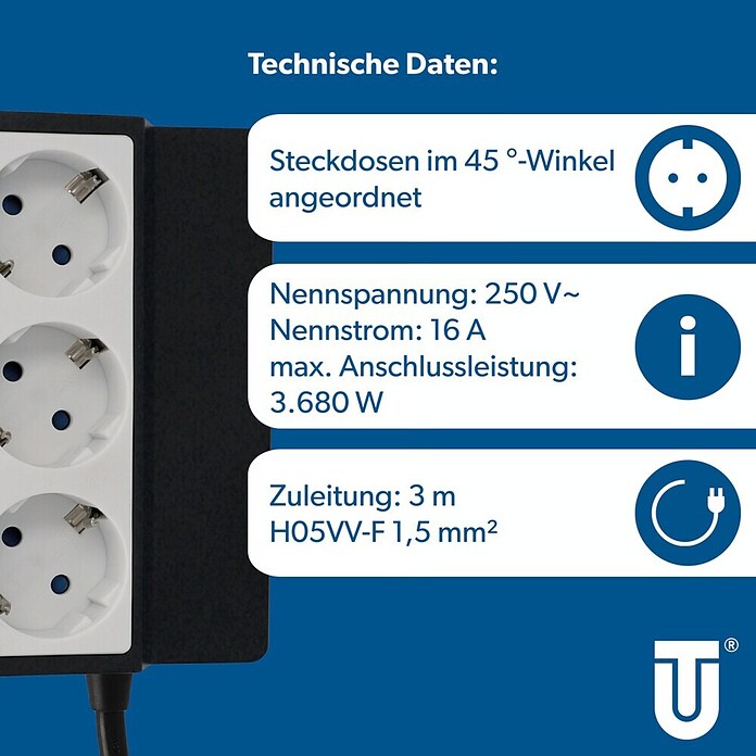 UniTEC Tischsteckdose (3-fach, Weiß/Anthrazit, 25 x 9 x 19 cm) | BAUHAUS