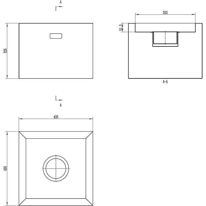 Bysil Kaminofen - Material Verkleidung: Stahl, Schwarz - Technische Zeichnung eines rechteckigen Waschbeckens mit Vorder-, Ober- und Schnittansichten, einschließlich Ablauföffnung und Maßen.