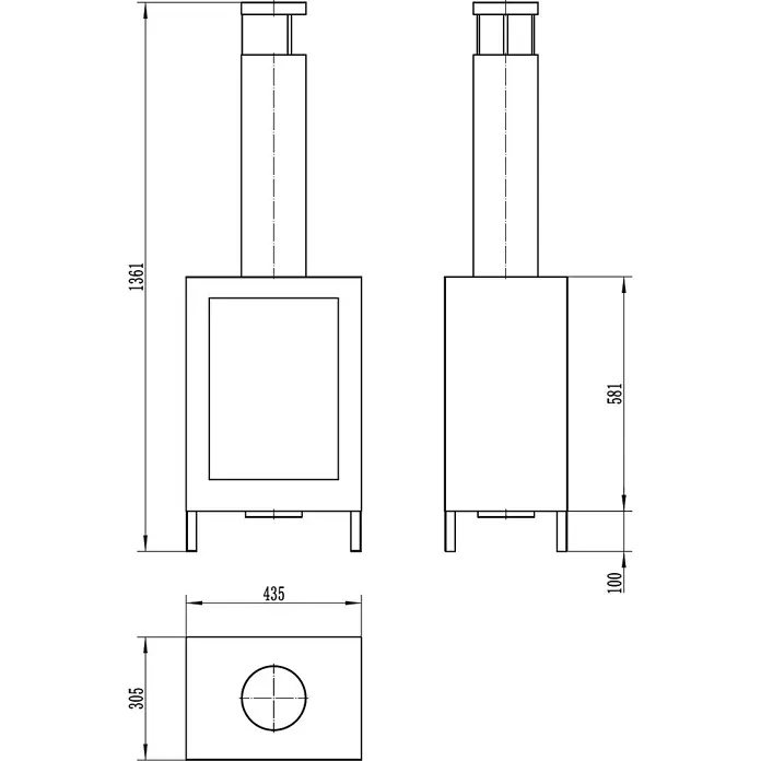 Bysil Kaminofen - Material Verkleidung: Stahl, Schwarz - Technische Zeichnung eines modernen, freistehenden Holzofens mit Schornstein, Vorder-, Seiten- und Draufsicht mit Maßen.