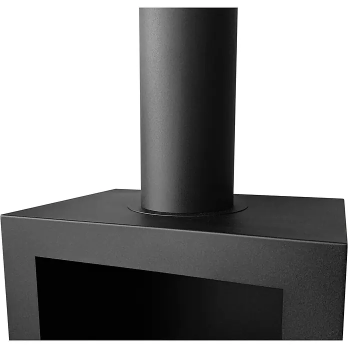 Bysil Kaminofen - Material Verkleidung: Stahl, Schwarz - Nahaufnahme eines schwarzen, matten Metallofens mit zylindrischem Rauchrohr.