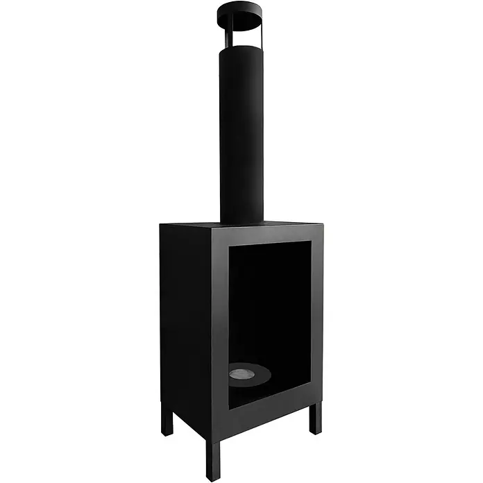 Bysil Kaminofen - Material Verkleidung: Stahl, Schwarz - Schwarze Metall-Außenfeuerstelle mit rechteckigem Sockel, offener Front und hohem zylindrischem Schornstein.