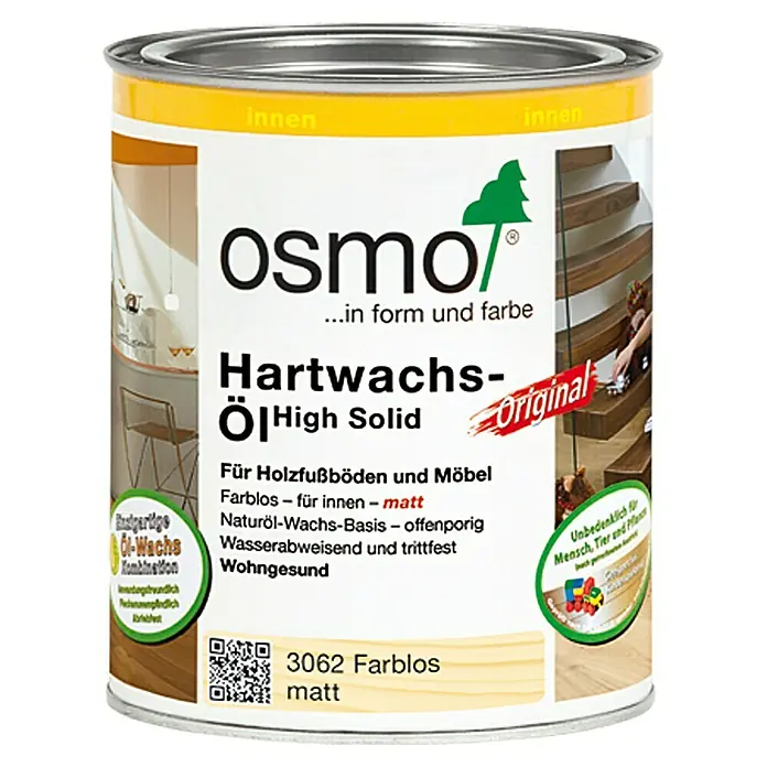 Osmo High Solid Hartwachsöl Original 3062 - Farblos, 750 ml, Matt - Dose Osmo Hartwachs-Öl High Solid für Holzfußböden und Möbel im Innenbereich. Farblos, Naturöl-Wachs-Basis, wasserabweisend und trittfest.