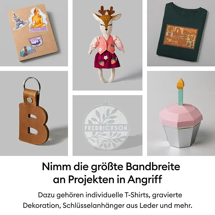 Cricut Maker Schneideplotter Maker 5 Essentials-Bundle - Schiefer, Bluetooth, Schnittbreite: 30,5 cm, Schnittlänge: 3,6 m - Eine Sammlung von Bastelprojekten: personalisierte Aufkleber, ein Plüschtier, ein bedrucktes T-Shirt, ein Leder-Schlüsselanhänger, ein graviertes Schild und ein Papier-Cupcake.