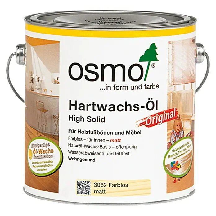 Osmo High Solid Hartwachsöl Original 3062 - Farblos, 2,5 l, Matt - Dose Osmo Hartwachs-Öl High Solid, farblos, für Holzfußböden und Möbel. Schützt und pflegt natürlich.