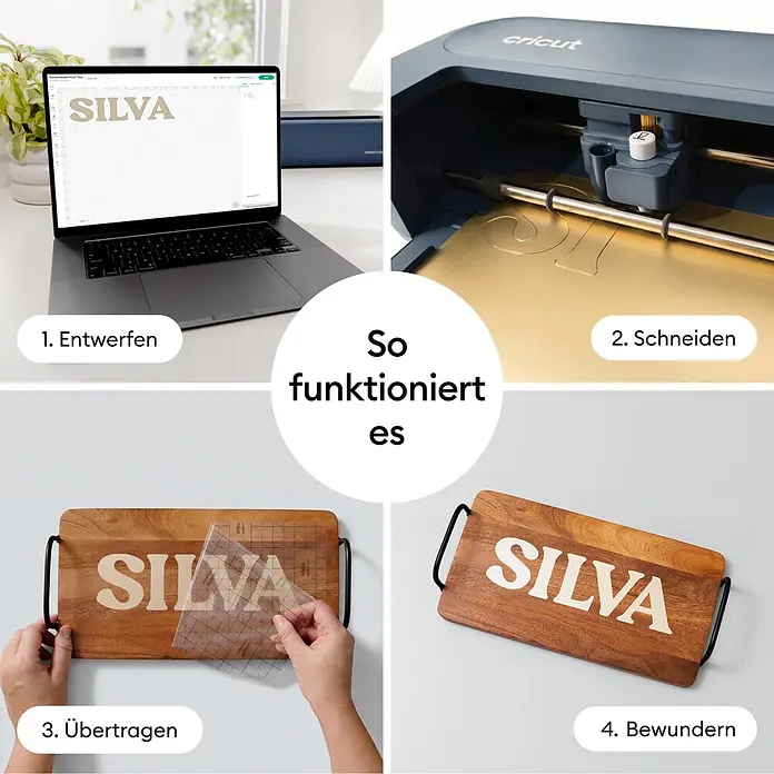 Cricut Maker Schneideplotter Maker 5 Essentials-Bundle - Schiefer, Bluetooth, Schnittbreite: 30,5 cm, Schnittlänge: 3,6 m - Eine Anleitung in vier Schritten zeigt, wie man ein Holztablett mit einem Vinylschneider personalisiert.