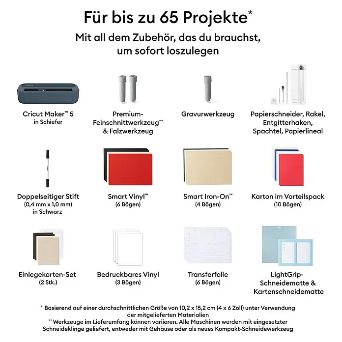 Cricut Maker Schneideplotter Maker 5 Essentials-Bundle - Schiefer, Bluetooth, Schnittbreite: 30,5 cm, Schnittlänge: 3,6 m - Schieferfarbene Cricut Maker 5 Maschine mit umfangreichem Bastelzubehör: Werkzeuge, Vinyl, Iron-On, Karton und Matten.