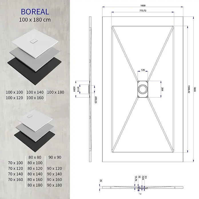 i-flair Duschwanne Boreal 180x100 cm - Verbundwerkstoff, Grau