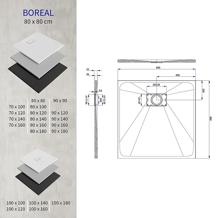 i-flair Duschwanne Boreal 80x80 cm - Verbundwerkstoff, Grau