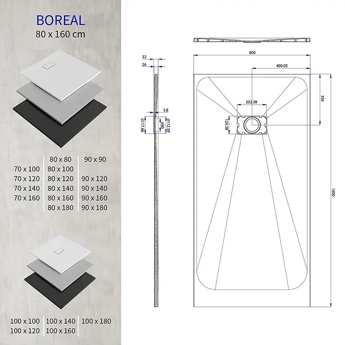 i-flair Duschwanne Boreal 160x80 cm - Verbundwerkstoff, Grau