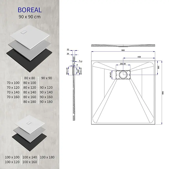 i-flair Duschwanne Boreal 90x90 cm - Verbundwerkstoff, Grau