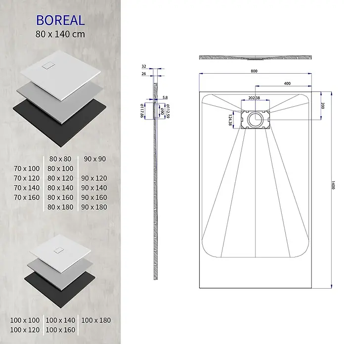 i-flair Duschwanne Boreal 140x80 cm - Verbundwerkstoff, Grau