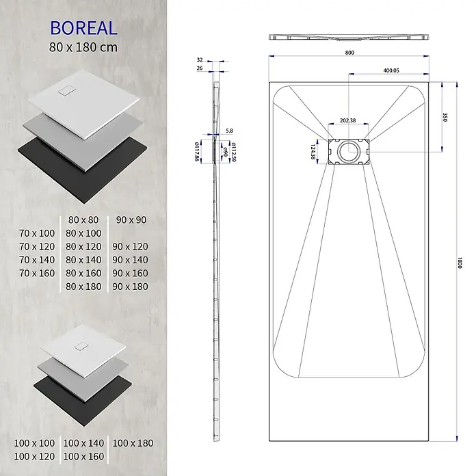i-flair Duschwanne Boreal 180x80 cm - Verbundwerkstoff, Grau