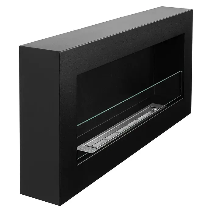 Bysil Kaminofen - Material Verkleidung: Stahl - Ein schlanker, rechteckiger schwarzer Bioethanol-Kamineinsatz mit linearem Metallbrenner und klarer Glasschutzscheibe.