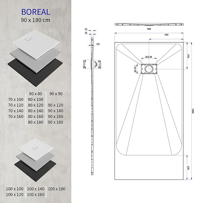 i-flair Duschwanne Boreal 180x90 cm - Verbundwerkstoff, Grau