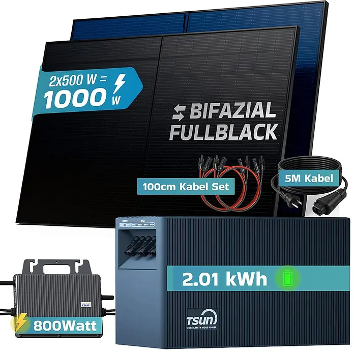 Sunniva Balkonkraftwerk-Set 1000 / 800 Watt mit TSUN DCU2000Lite 2,01 kWh Speicher - Nennleistung: 800 W - Solarstrom-Kit mit zwei schwarzen Solarmodulen, einem 800W Wechselrichter, einem 2.01 kWh Akku und Kabeln.