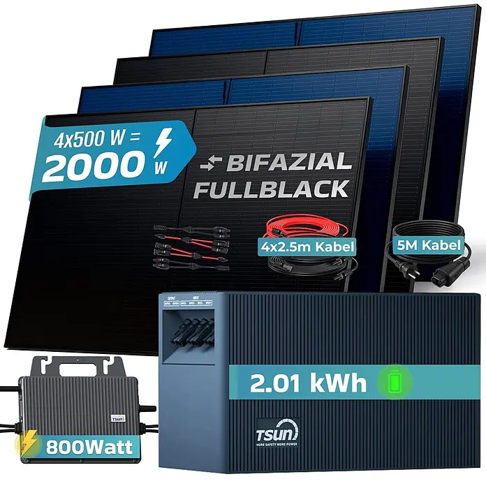 Sunniva Balkonkraftwerk-Set 2000 / 800 Watt mit TSUN DCU2000Lite 2,01 kWh Speicher - Nennleistung: 800 W