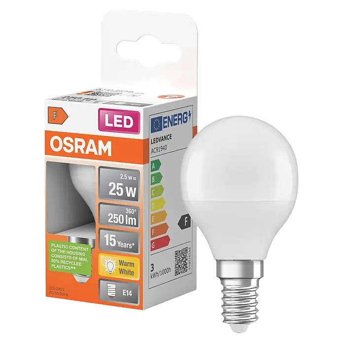 Osram Bombillas LED Star classic - E14, No regulable, Blanco cálido, 250 lm, 3,3 W - Bombilla LED Osram blanca (casquillo E14) junto a su embalaje que muestra marca, LED, clase energía F, 2.5W (25W), 250lm, blanco cálido.