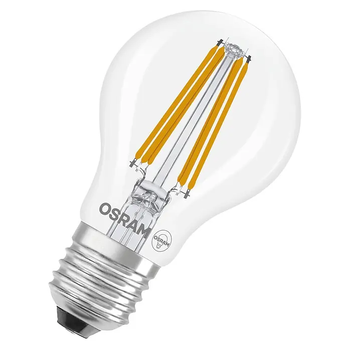 Osram Bombillas LED - E27, No regulable, Blanco neutro, 1.521 lm, 7,2 W - Una bombilla LED OSRAM de vidrio transparente con filamentos amarillos visibles y una base de rosca plateada.