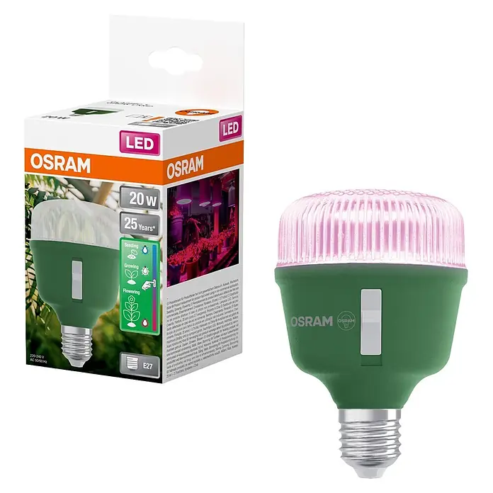 Ledvance Bombillas LED Star Grow - E27, No regulable, Multicolor, 650 lm, 20 W - Lámpara LED OSRAM verde para plantas con difusor de luz rosa y casquillo E27, con selector de modo.