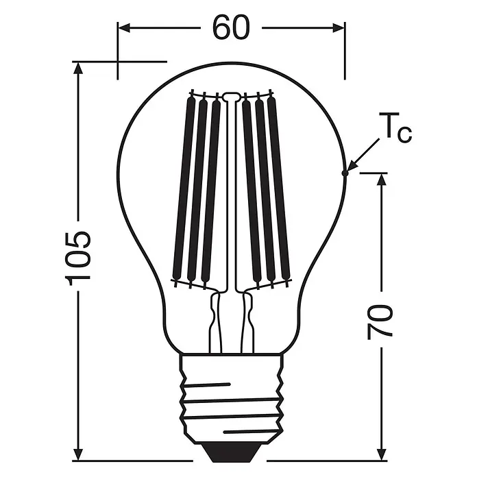 Osram Bombillas LED - E27, No regulable, Blanco neutro, 1.521 lm, 7,2 W - Bombilla LED de cristal transparente con casquillo de rosca, mostrando dimensiones: 105mm de altura total, 60mm de ancho y marca Tc.